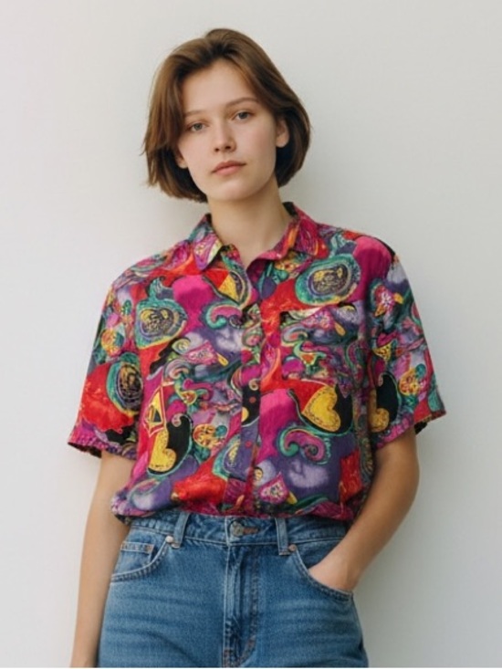 Vintage Tops - Vintage 100% Silk Pink and Purple Paisley Short Sleeve Silk Button Up Top